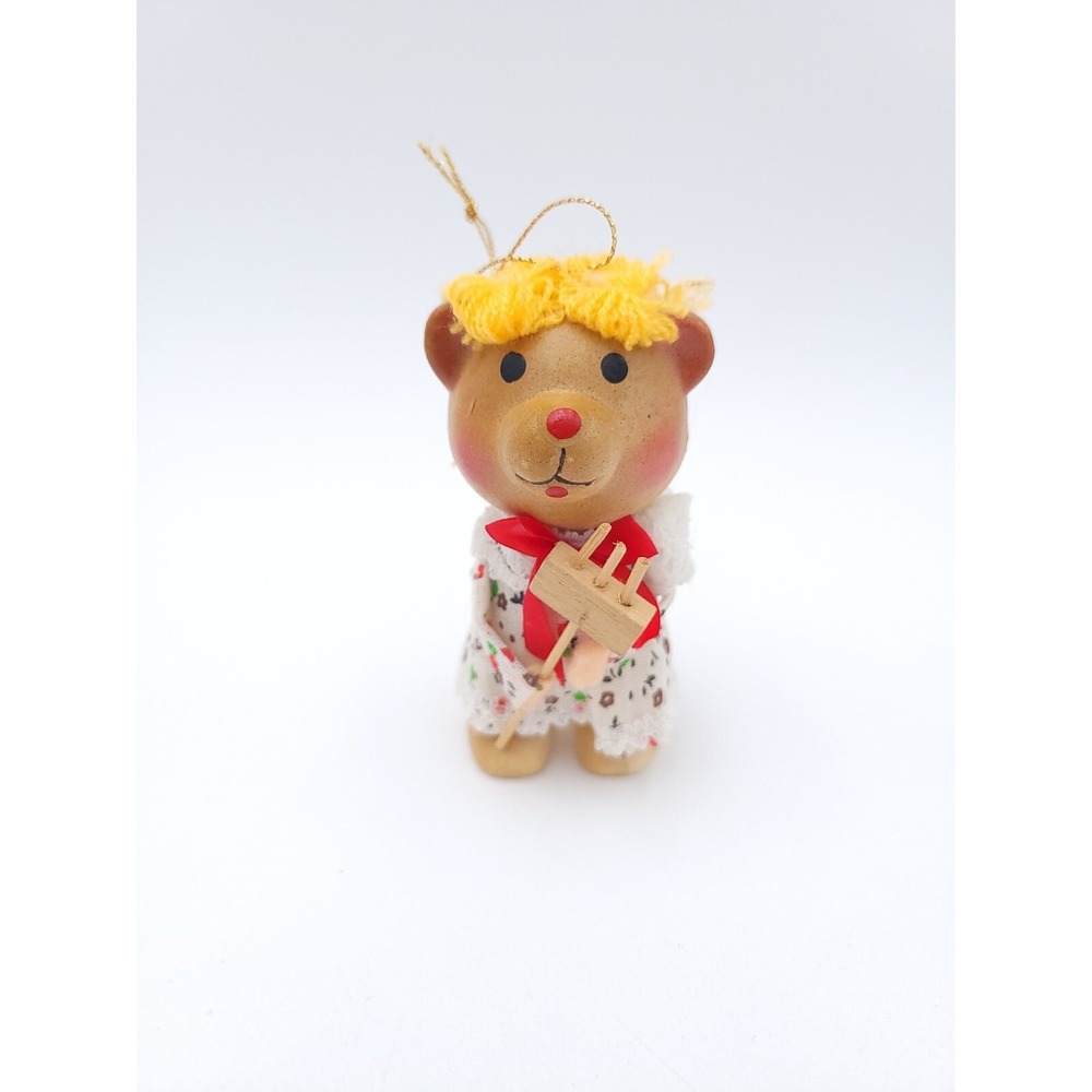 Vintage Wooden Bear Ornament With Dress And Rake‎ Gardener Gardening